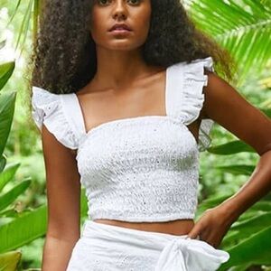Misa Abelia Smocked Eyelet Cap Sleeve Square Neck Tie Back Crop Top White Sz L